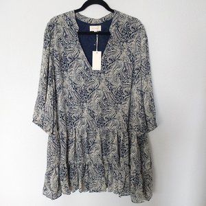 Melloday Lined Blue and Cream Paisley Print 3/4 Sleeve Babydoll Dress NWT